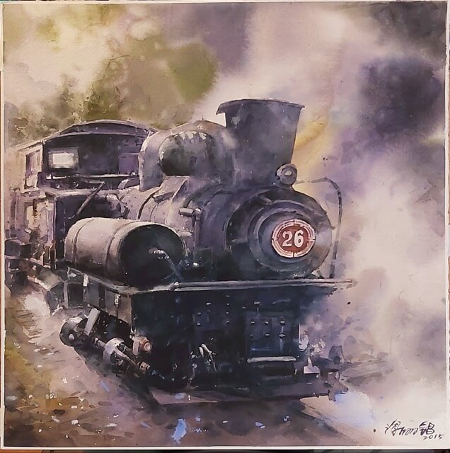 中老火車的回憶 51x51cm 2015 水彩 謝明錩作品